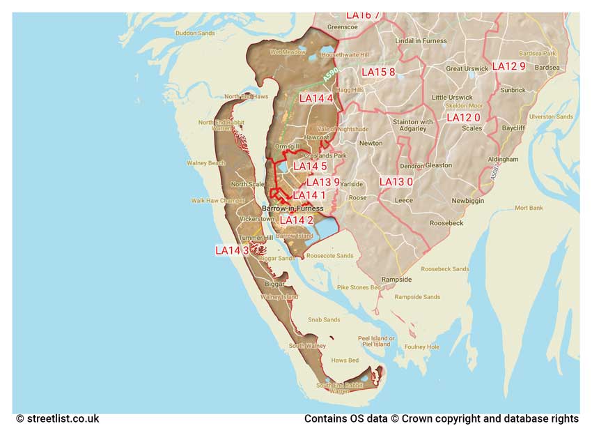 map showing postcode sectors within the LA14 district