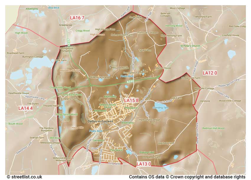 map showing postcode sectors within the LA15 district