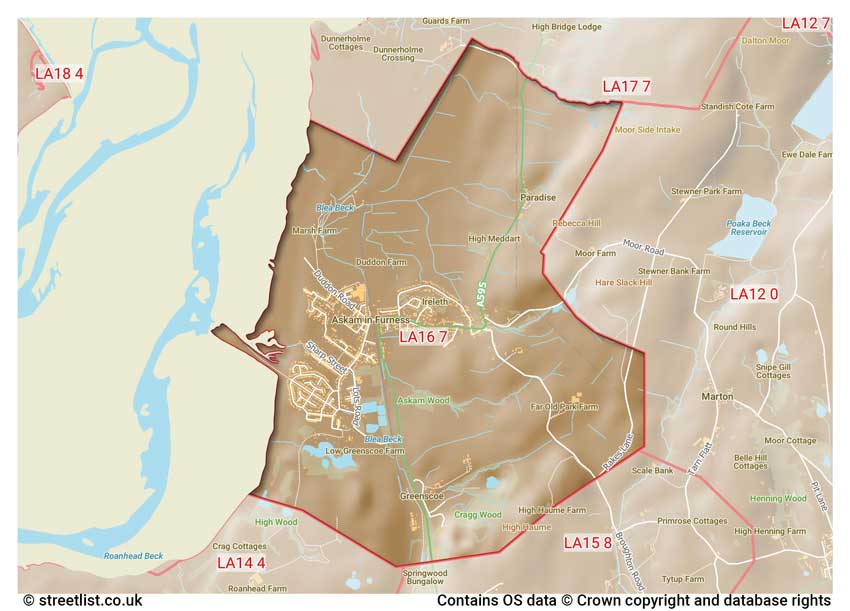 map showing postcode sectors within the LA16 district