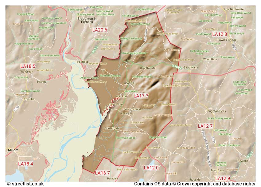 map showing postcode sectors within the LA17 district