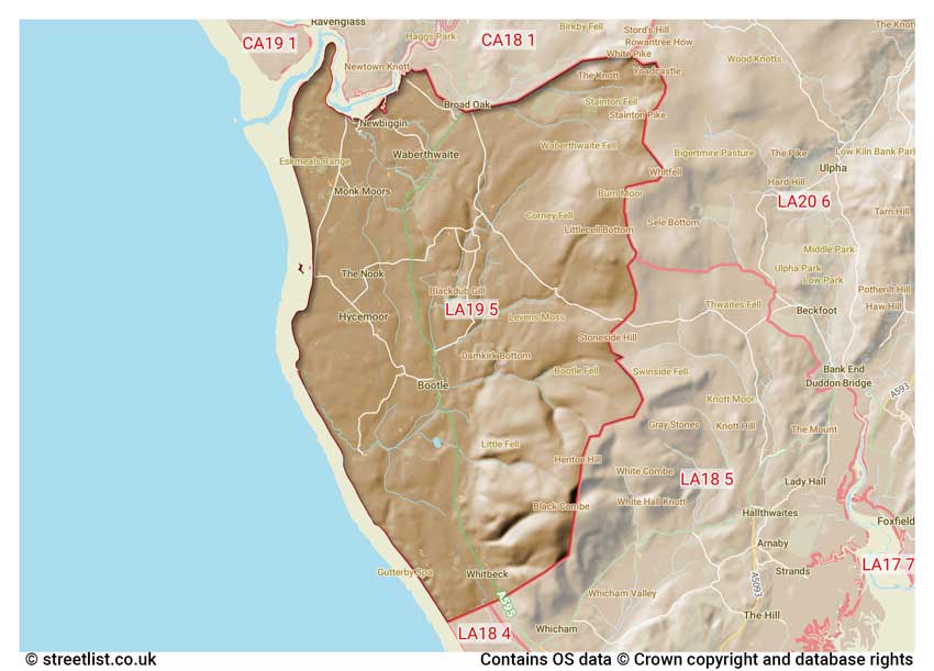 map showing postcode sectors within the LA19 district