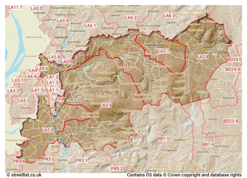 map showing postcode sectors within the LA2 district