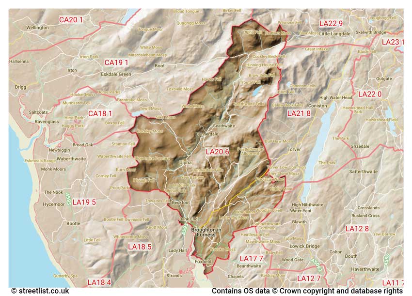 map showing postcode sectors within the LA20 district