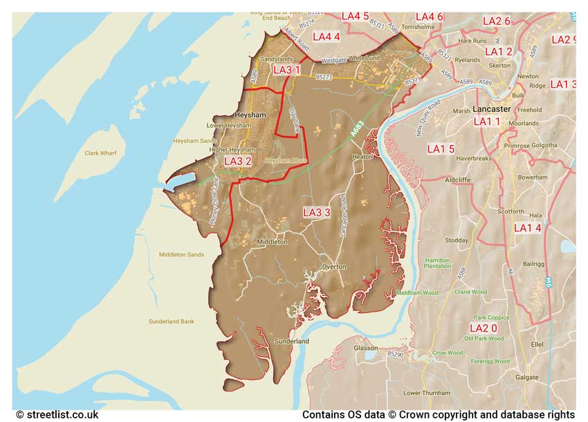 map showing postcode sectors within the LA3 district