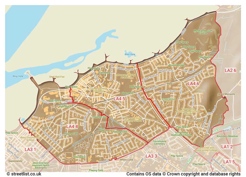 map showing postcode sectors within the LA4 district