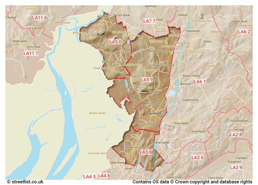 map showing postcode sectors within the LA5 district