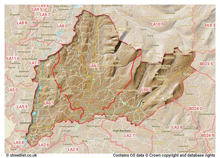 map showing postcode sectors within the LA6 district