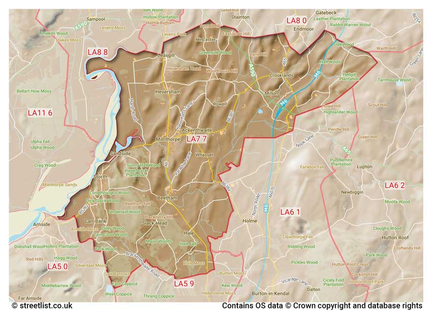 map showing postcode sectors within the LA7 district