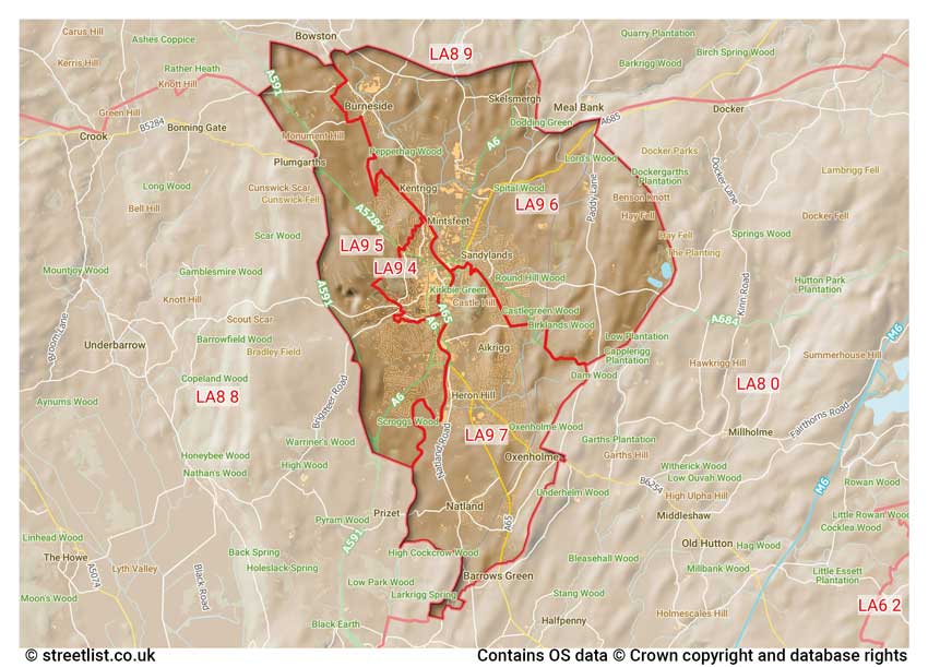 map showing postcode sectors within the LA9 district