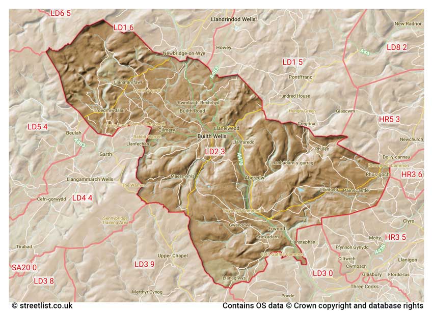 map showing postcode sectors within the LD2 district