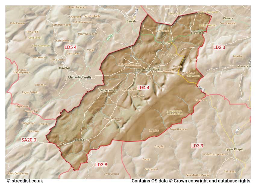 map showing postcode sectors within the LD4 district