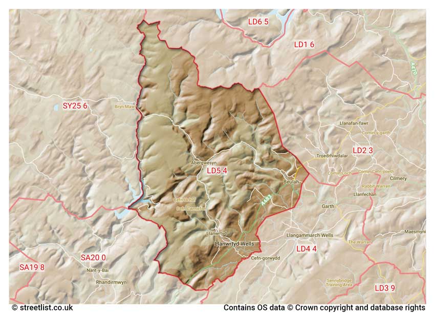 map showing postcode sectors within the LD5 district