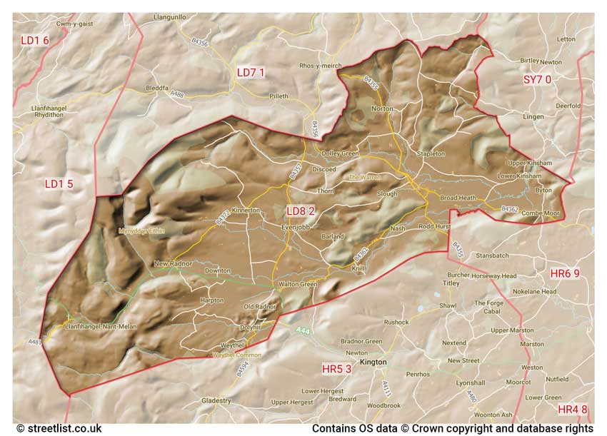 map showing postcode sectors within the LD8 district