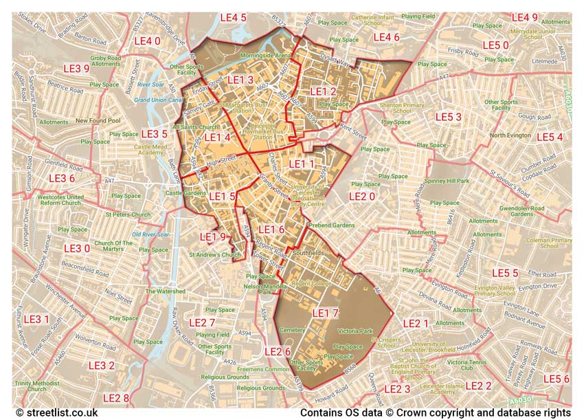 map showing postcode sectors within the LE1 district