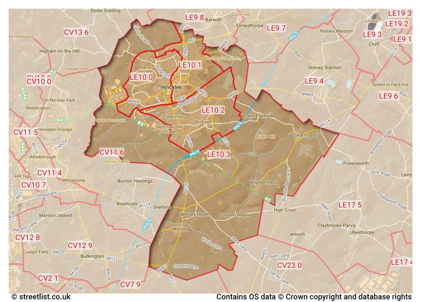 map showing postcode sectors within the LE10 district