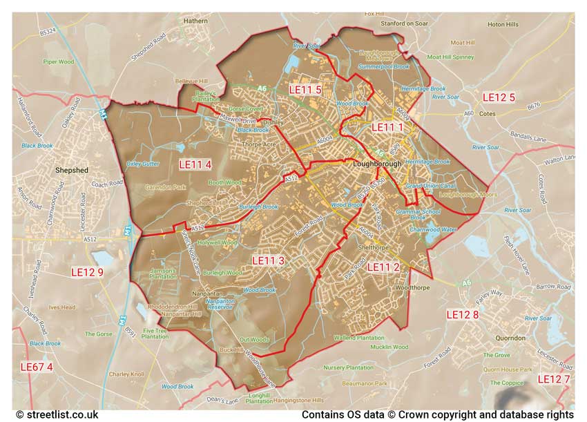 map showing postcode sectors within the LE11 district