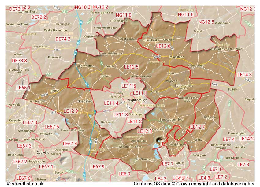 map showing postcode sectors within the LE12 district