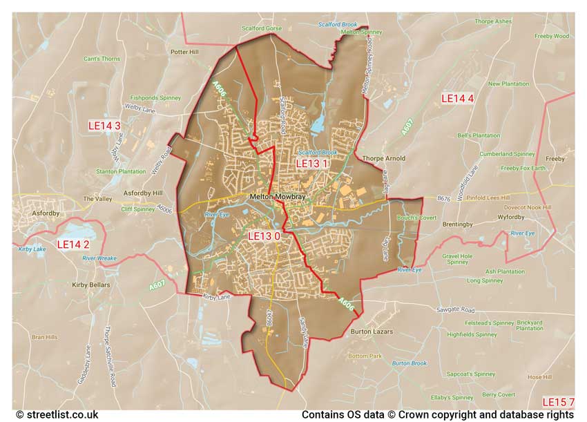 map showing postcode sectors within the LE13 district