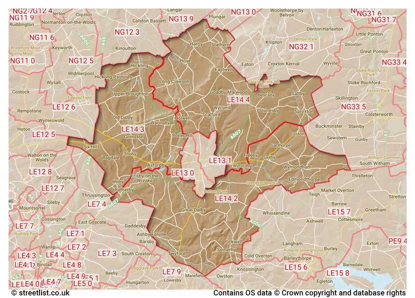 map showing postcode sectors within the LE14 district