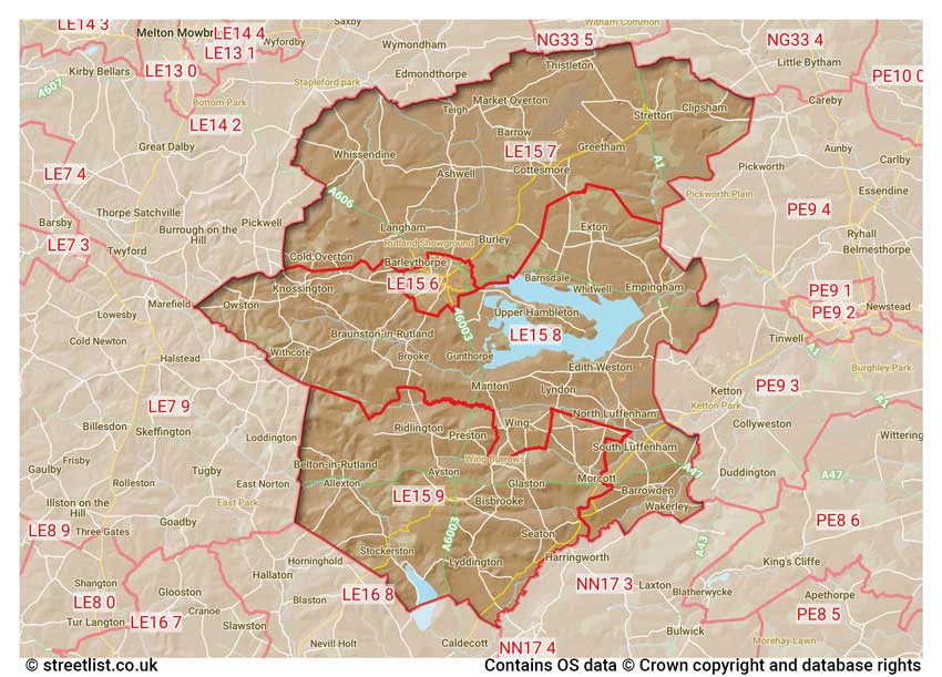 map showing postcode sectors within the LE15 district