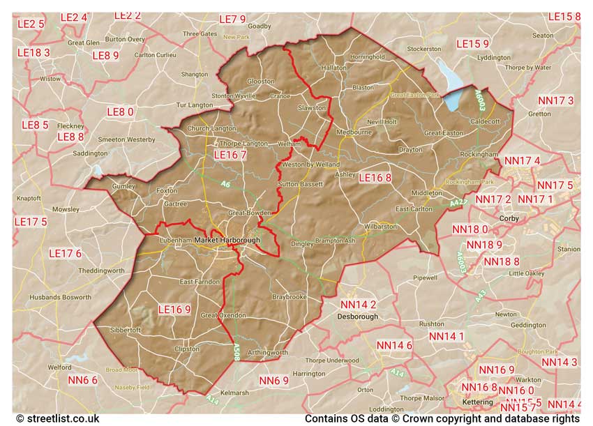 map showing postcode sectors within the LE16 district