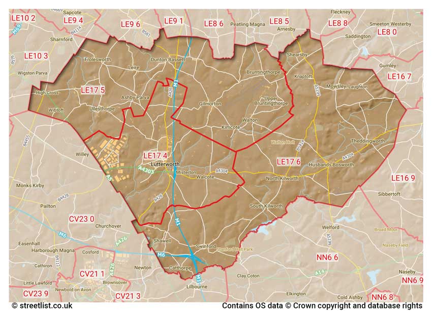 map showing postcode sectors within the LE17 district