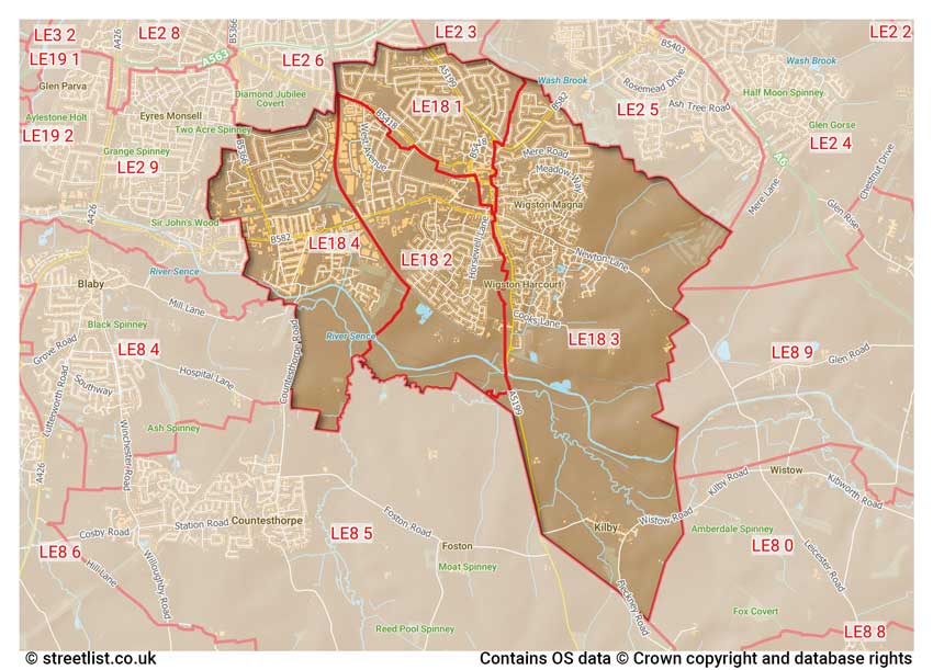 map showing postcode sectors within the LE18 district