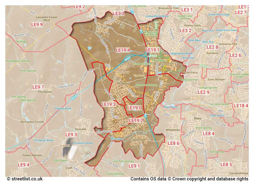 map showing postcode sectors within the LE19 district