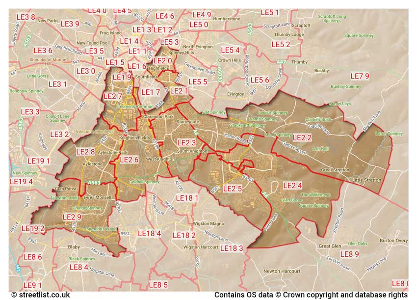 map showing postcode sectors within the LE2 district