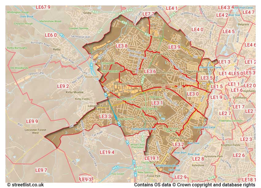 map showing postcode sectors within the LE3 district