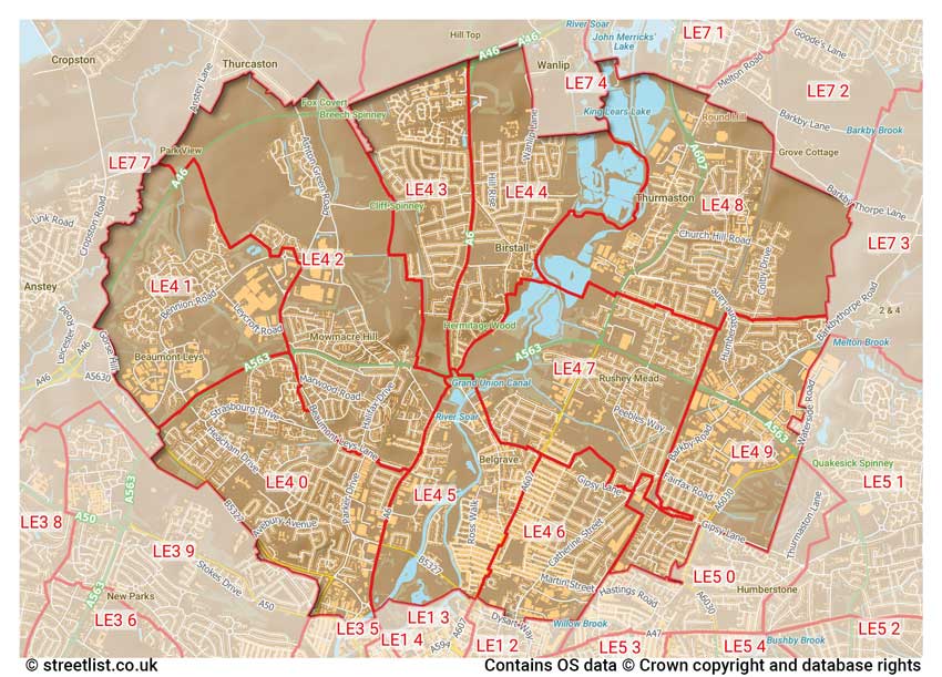 map showing postcode sectors within the LE4 district