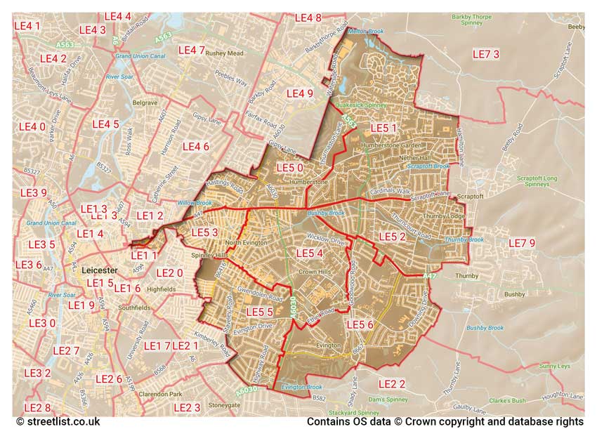 map showing postcode sectors within the LE5 district