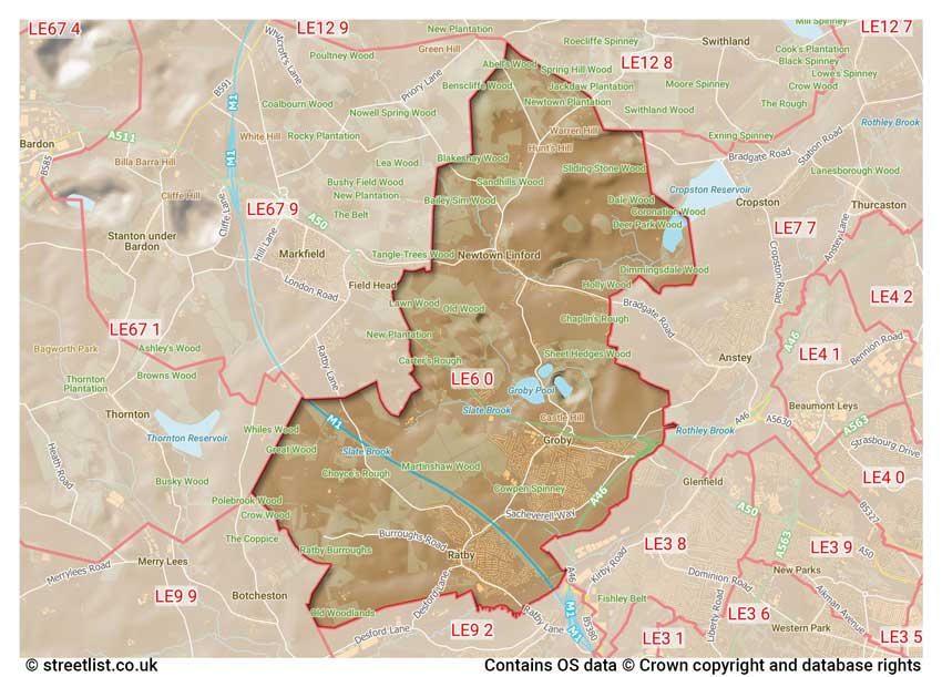 map showing postcode sectors within the LE6 district