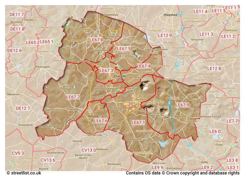 map showing postcode sectors within the LE67 district