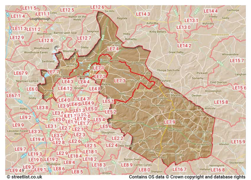 map showing postcode sectors within the LE7 district