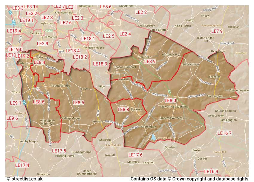 map showing postcode sectors within the LE8 district