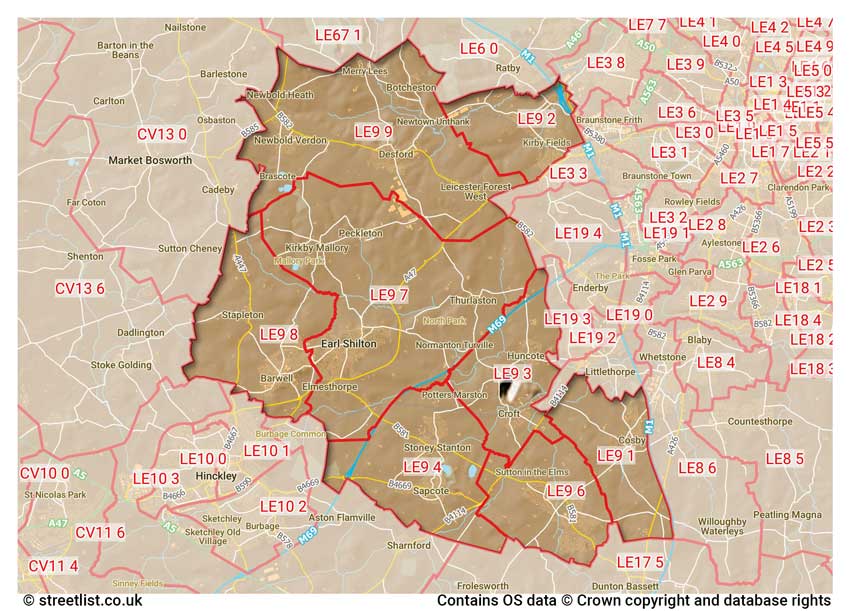 map showing postcode sectors within the LE9 district