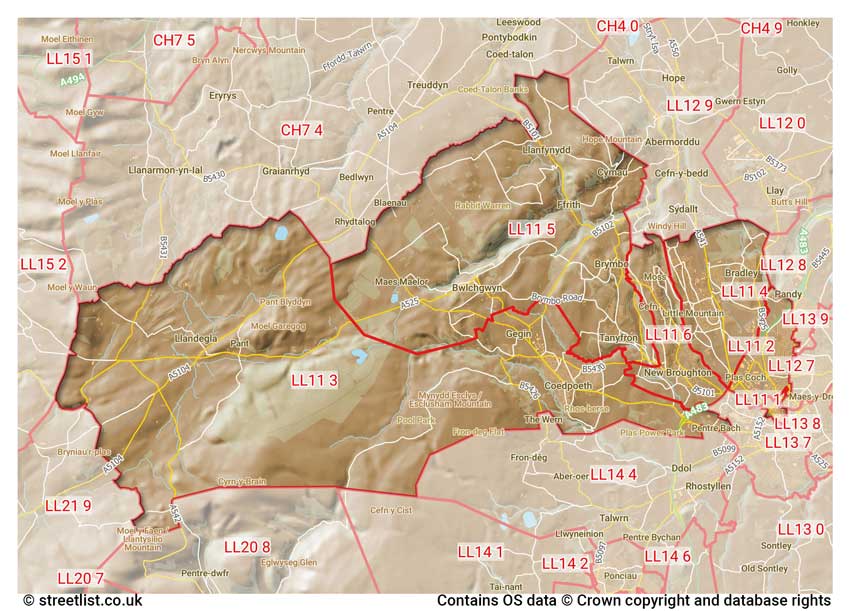 map showing postcode sectors within the LL11 district