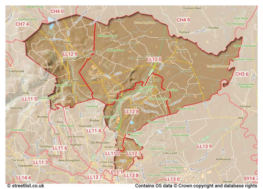 map showing postcode sectors within the LL12 district