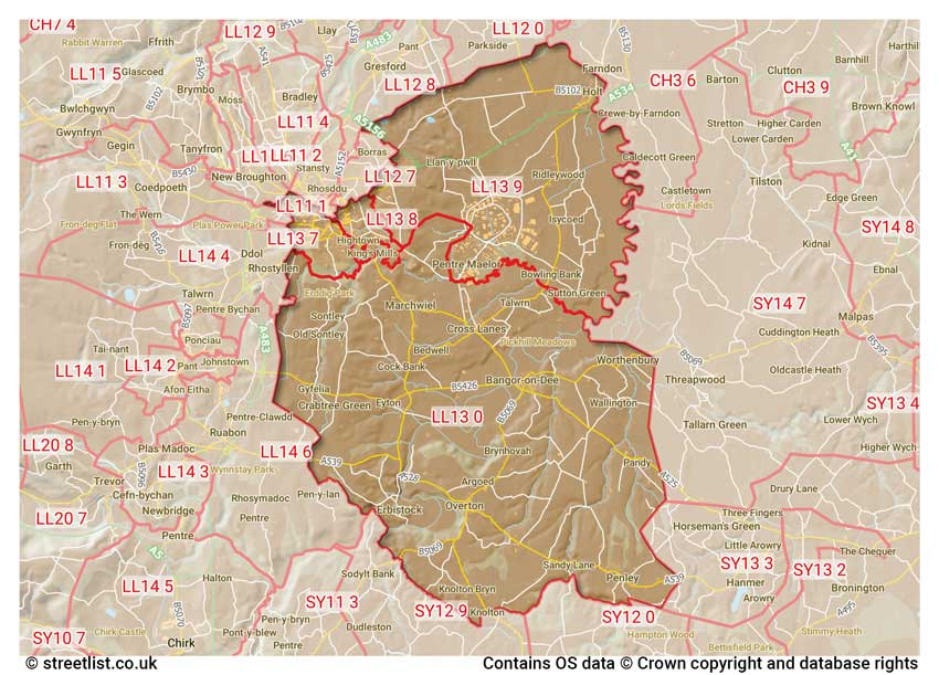 map showing postcode sectors within the LL13 district