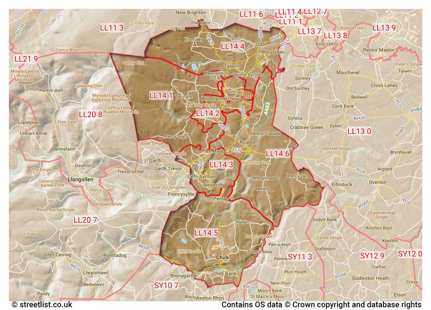 map showing postcode sectors within the LL14 district