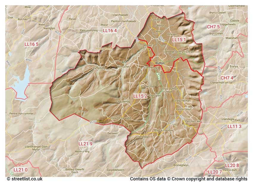 map showing postcode sectors within the LL15 district