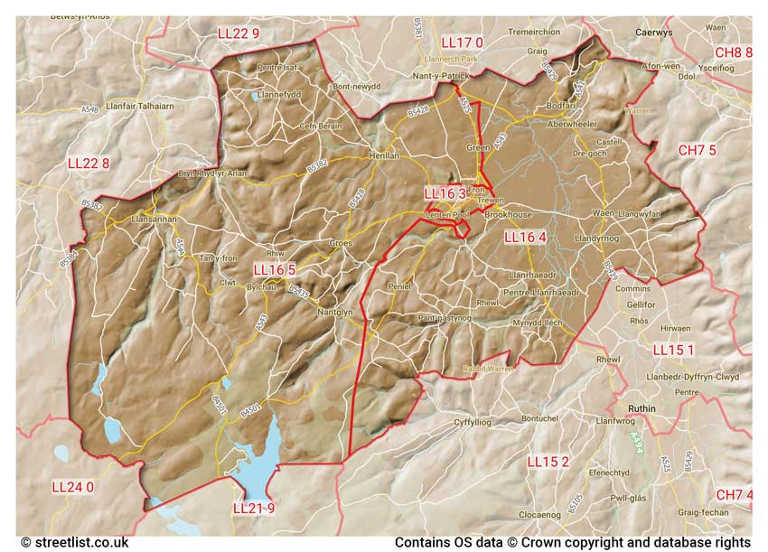 map showing postcode sectors within the LL16 district