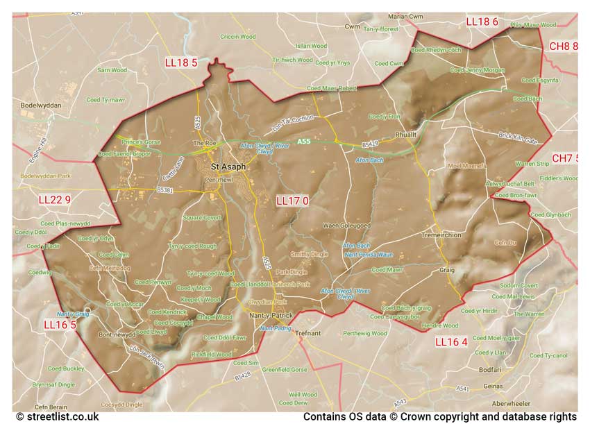 map showing postcode sectors within the LL17 district