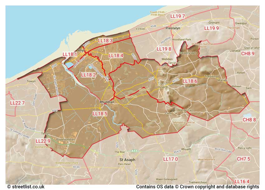 map showing postcode sectors within the LL18 district