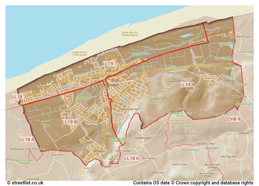 map showing postcode sectors within the LL19 district