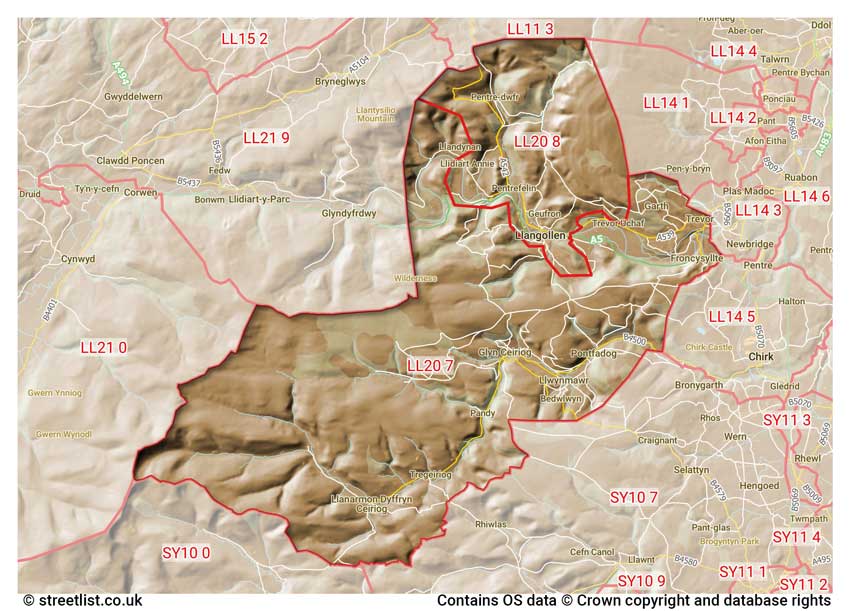 map showing postcode sectors within the LL20 district