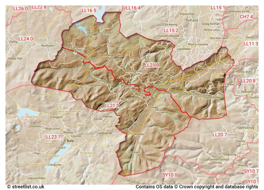 map showing postcode sectors within the LL21 district