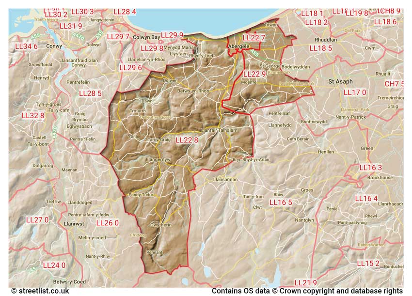 map showing postcode sectors within the LL22 district