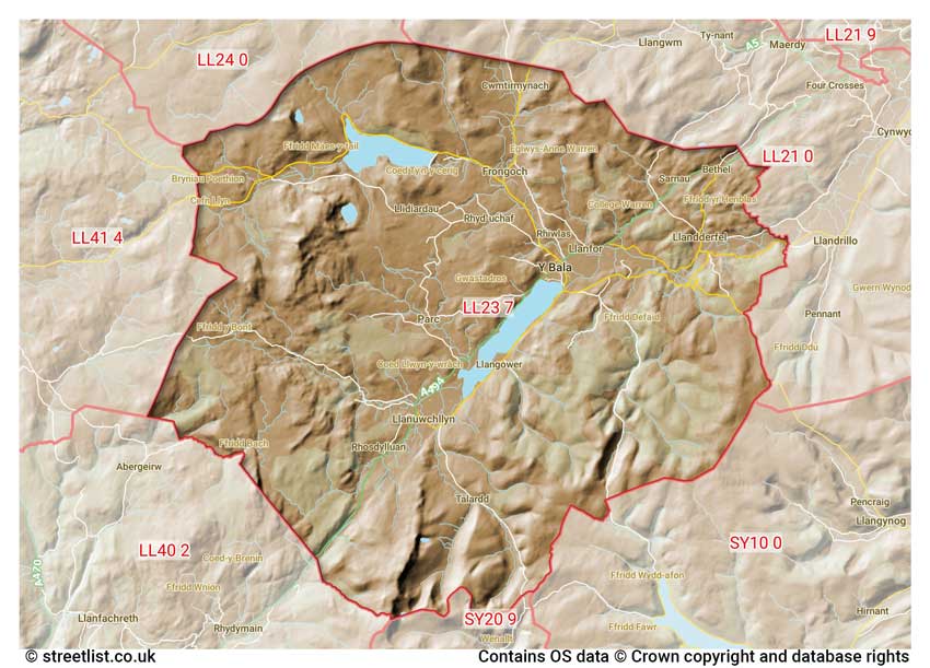 map showing postcode sectors within the LL23 district